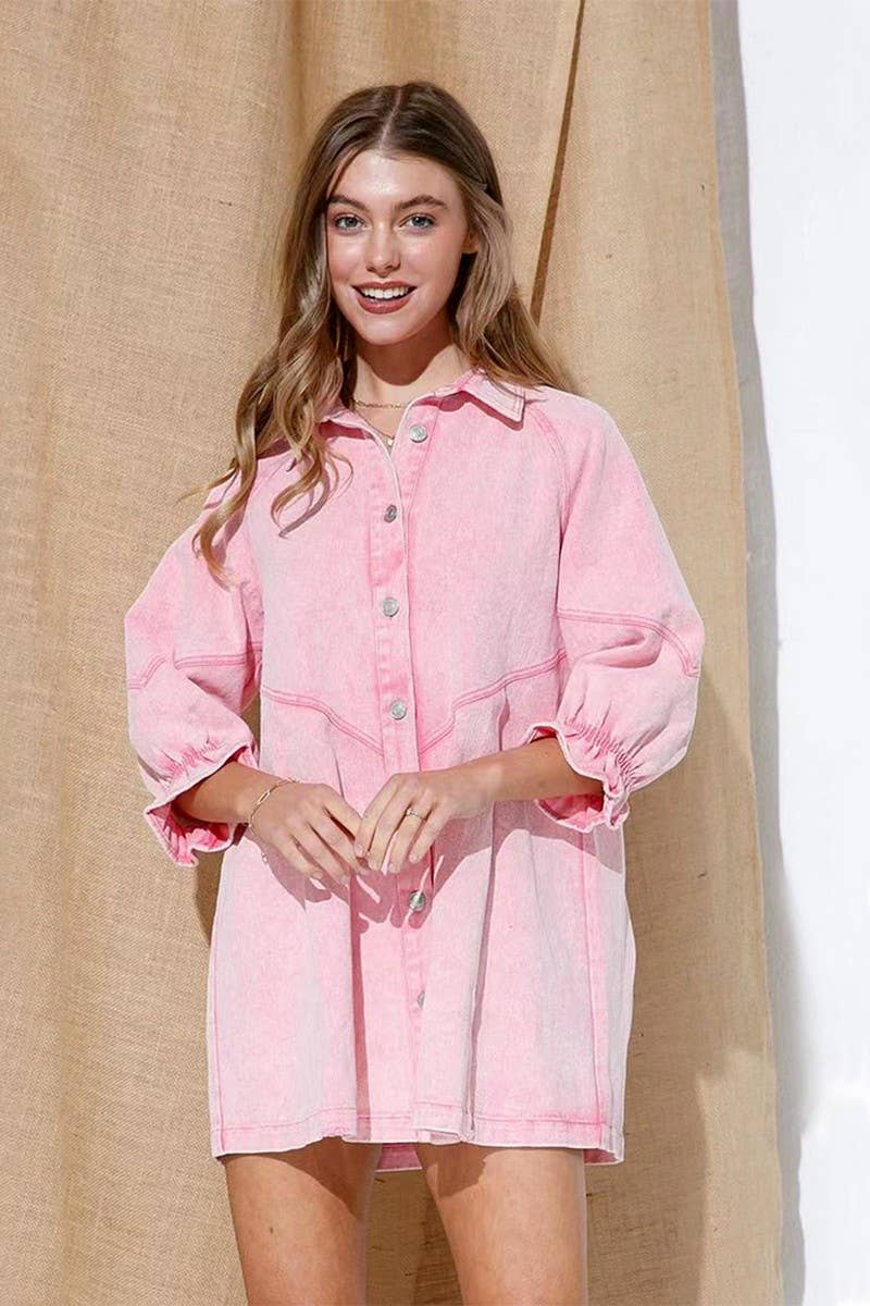 CWJT0026_CASUAL 3/4 SLEEVE BUTTON DOWN DENIM T-SHIRT DRESS