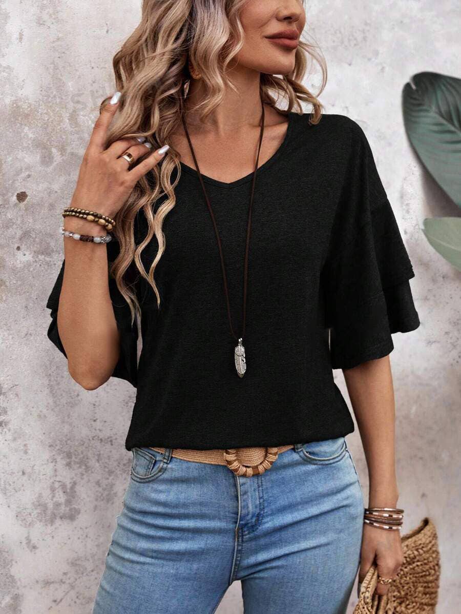 SOLID COLOR V-NECK DOUBLE-SLEEVED BAGGY BLOUSE
