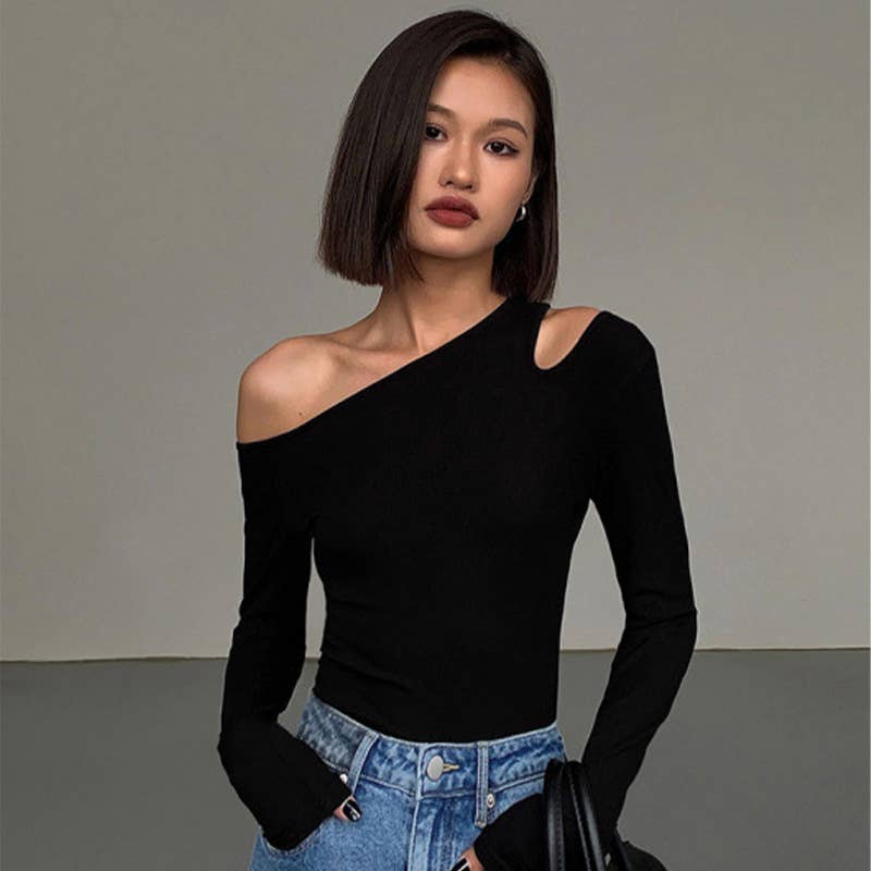 Sexy one-shoulder solid color slim bottom shirt