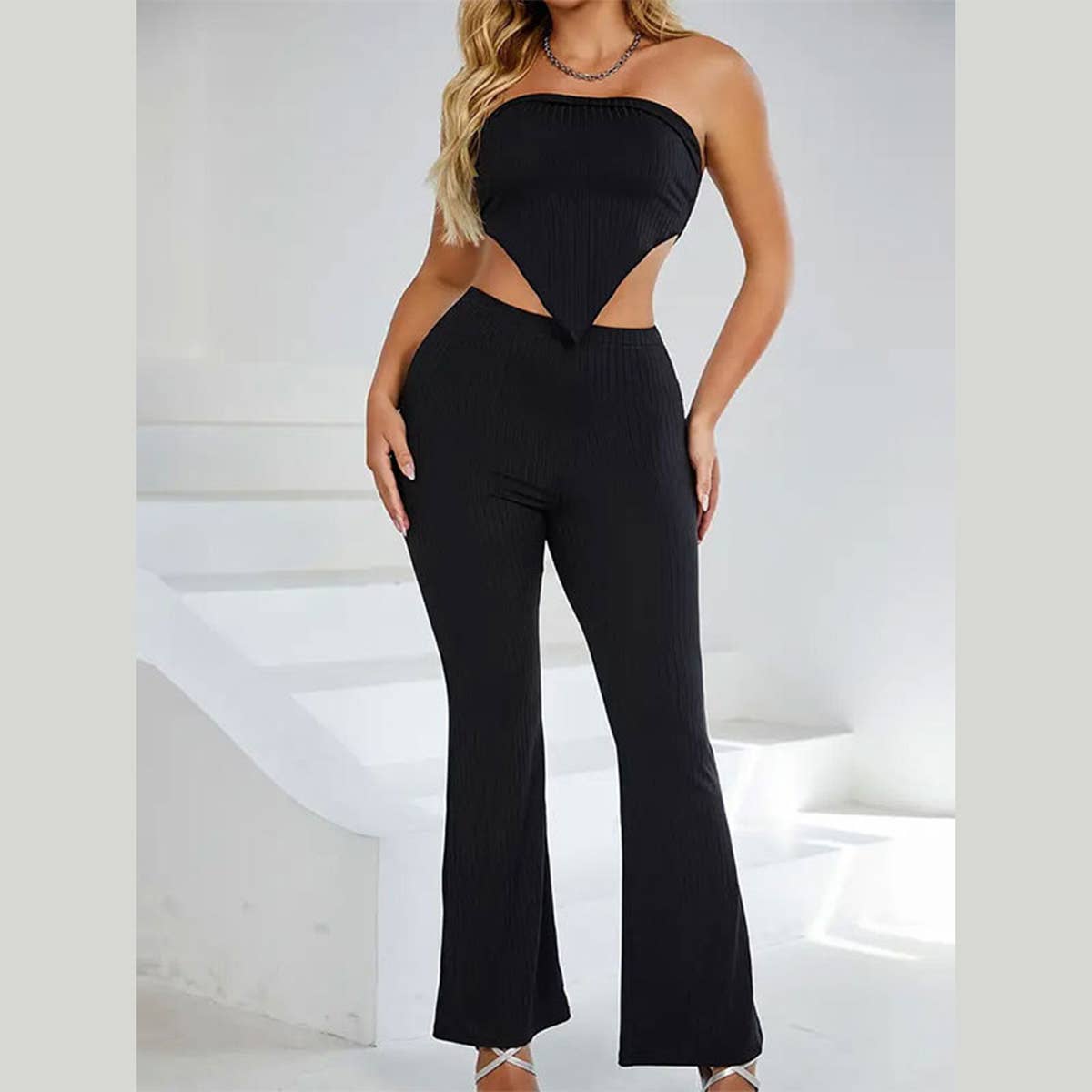 Strapless top elastic waist flare two piece set