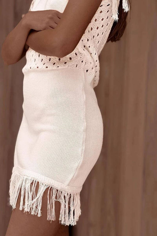 CWDSD6784_SOLID COLOR HOLLOW TASSEL KNITTED LONG DRESS