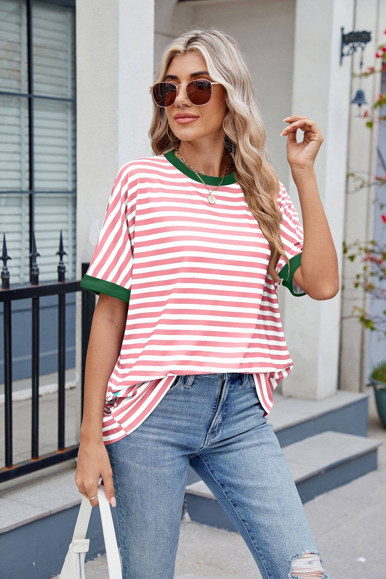 Round neck sleeved striped short-sleeved T-shirt