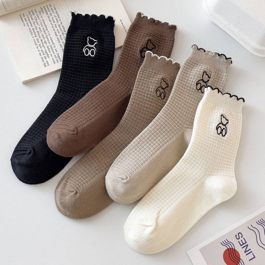 WARM COFFEE EMBROIDERED BEAR WOMEN'S SOCKS