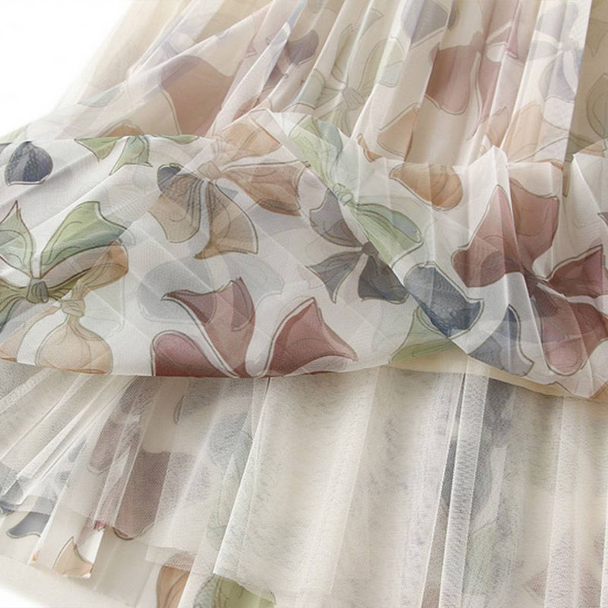 Floral Print Tulle Pleated Midi Skirt