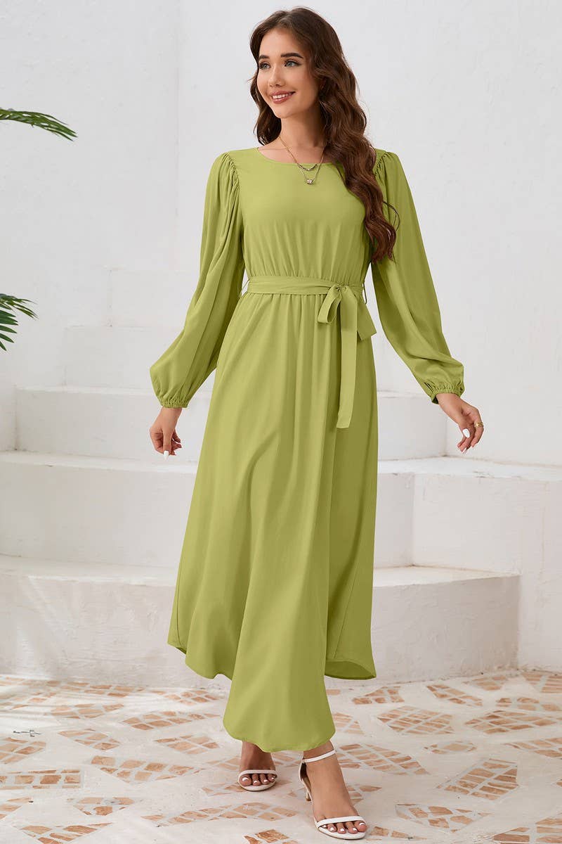 CWDMD4001_ROUND NECK TIE BUBBLE LONG SLEEVE DRESS