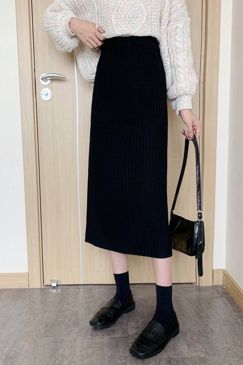 CWBLS0299_SLIT HIP-HUGGING HIGH-WAISTED KNITTED SKIRT