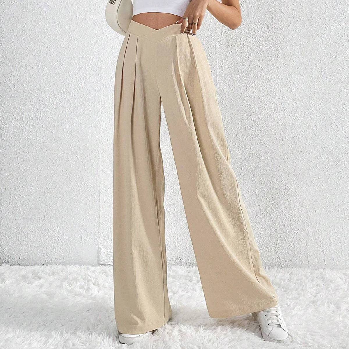 ASYMMETRICAL WAIST PLEATS CASUAL WIDE LEG SLACKS_CWBLP0603