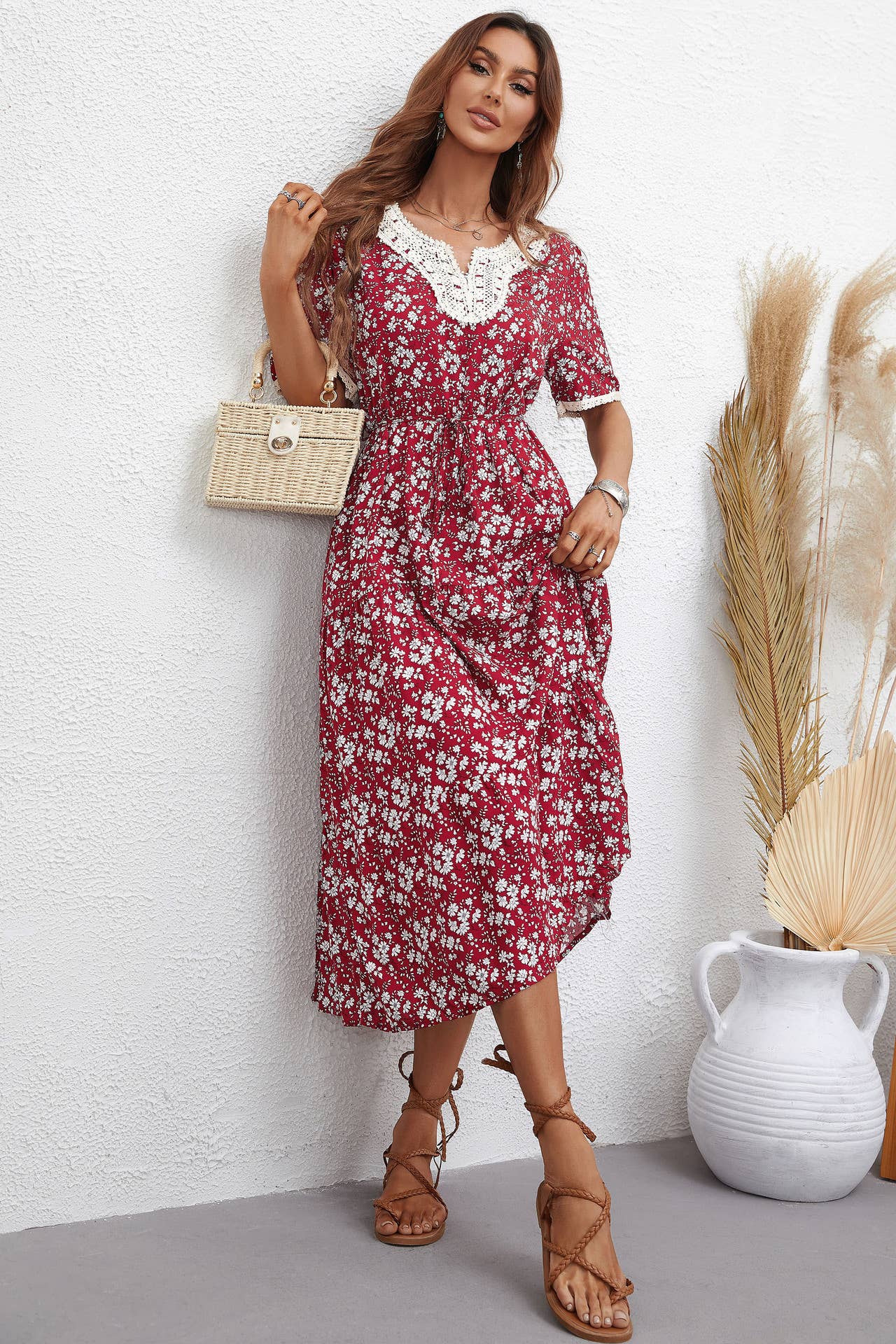 V-NECK FASHION PRINT SLIM-FIT WAISTLINE DRESS