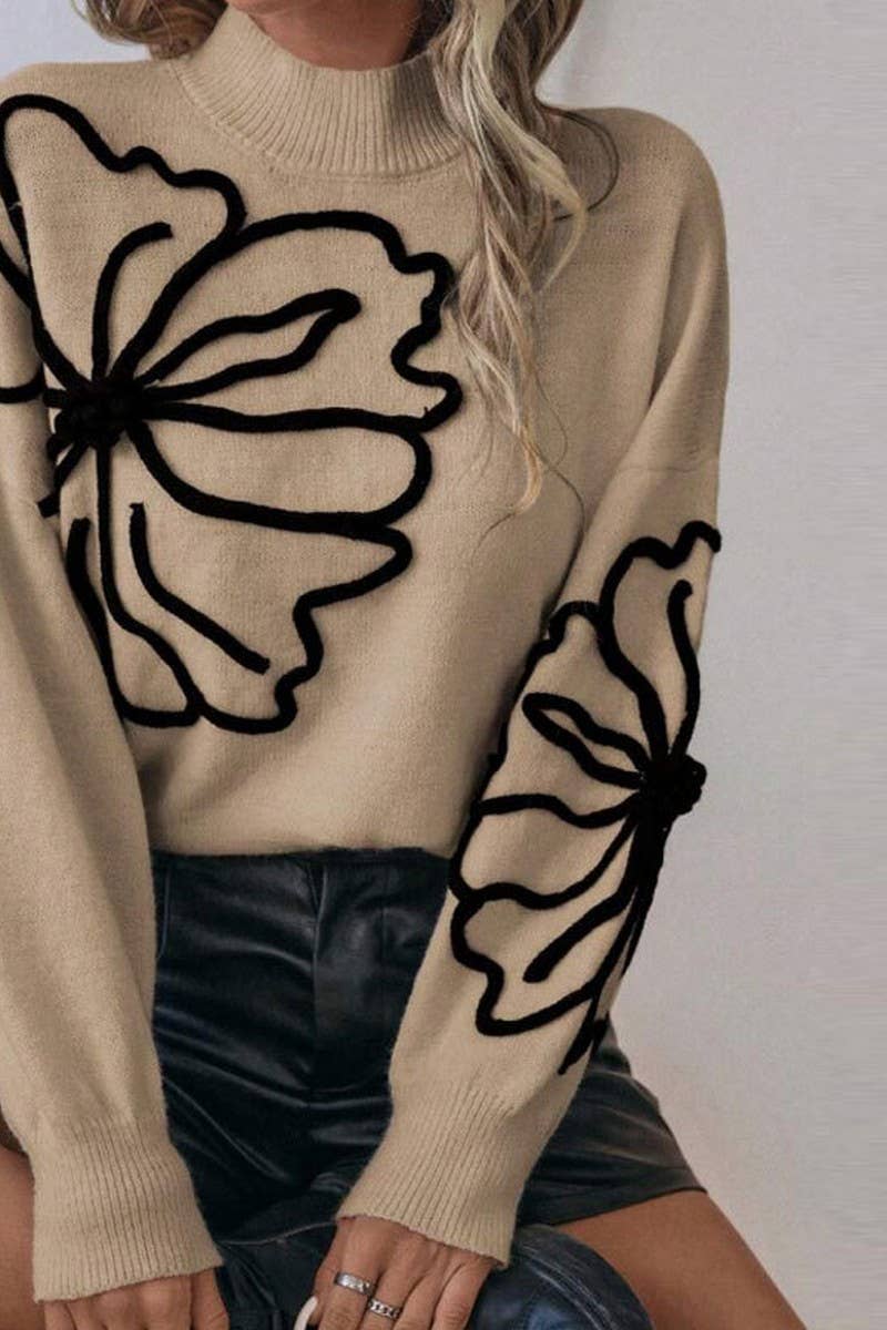 CWOSWL07303_EMBROIDERED 3D FLORAL HIGH NECK KNIT SWEATER