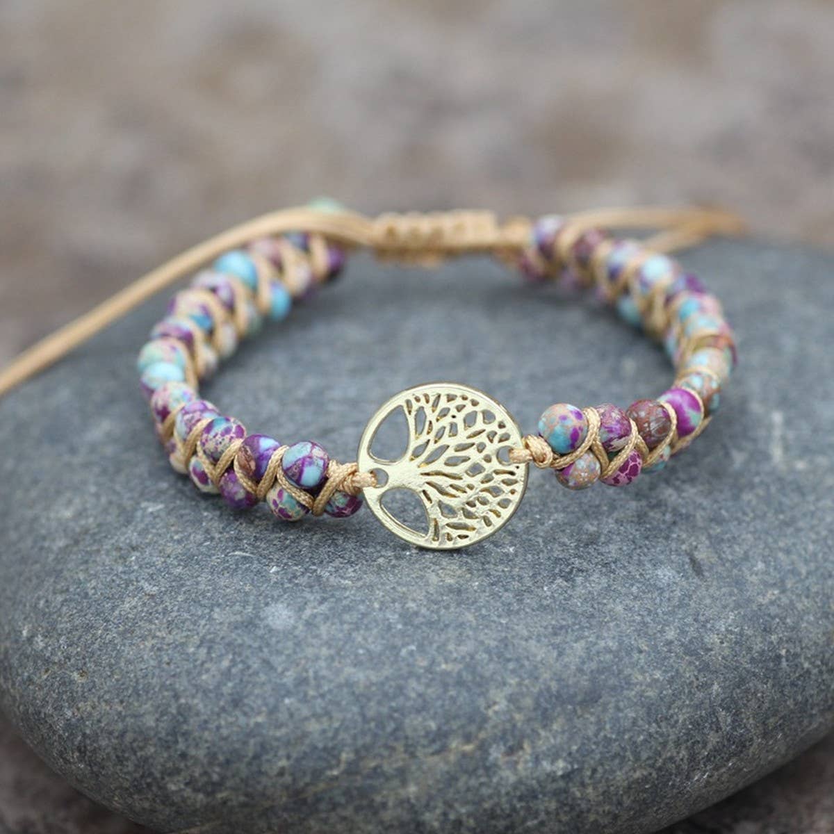 TREE SHAPED PENDANT NATURAL STONE WOVEN BRACELET