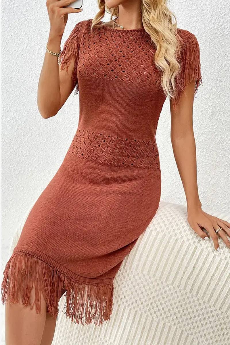 CWDMD4847_SPRING AND SUMMER FASHION TASSEL KNITTED DRESS