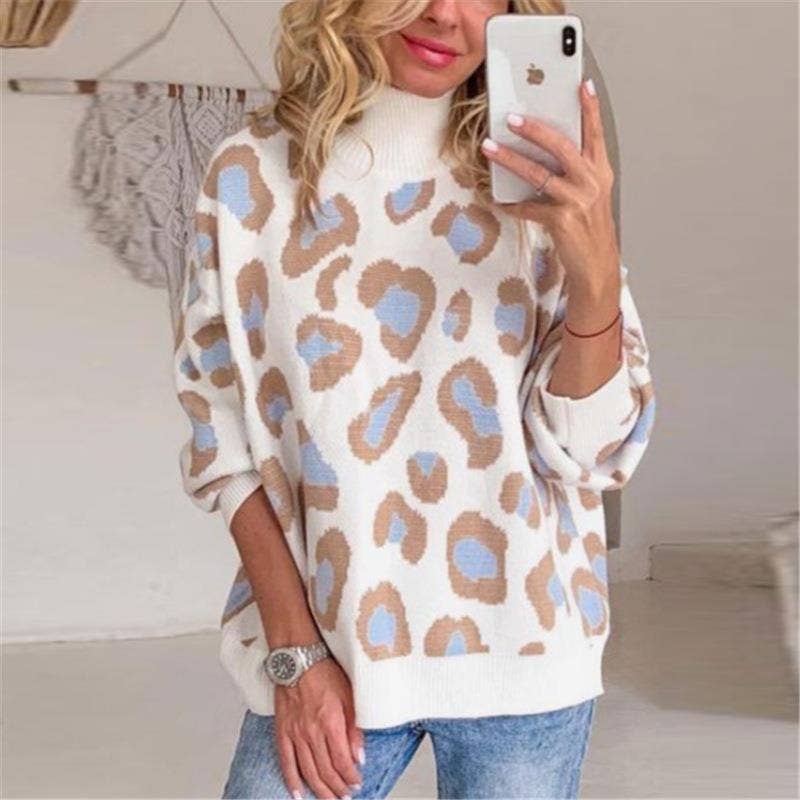 LEOPARD-PRINT HALF-TURTLENECK SWEATER LOOSE WOOL