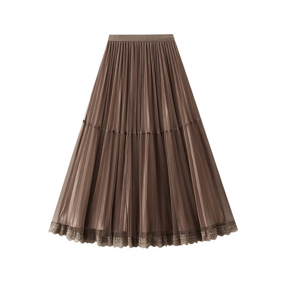 Tulle Lace Trim Pleated Cake Fairy Maxi Skirt