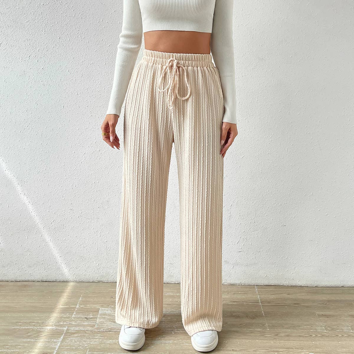 KNIT WIDE LEG STRAIGHT PANTS WITH WAIST TEXTURE