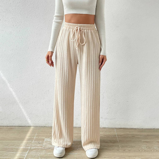KNIT WIDE LEG STRAIGHT PANTS WITH WAIST TEXTURE