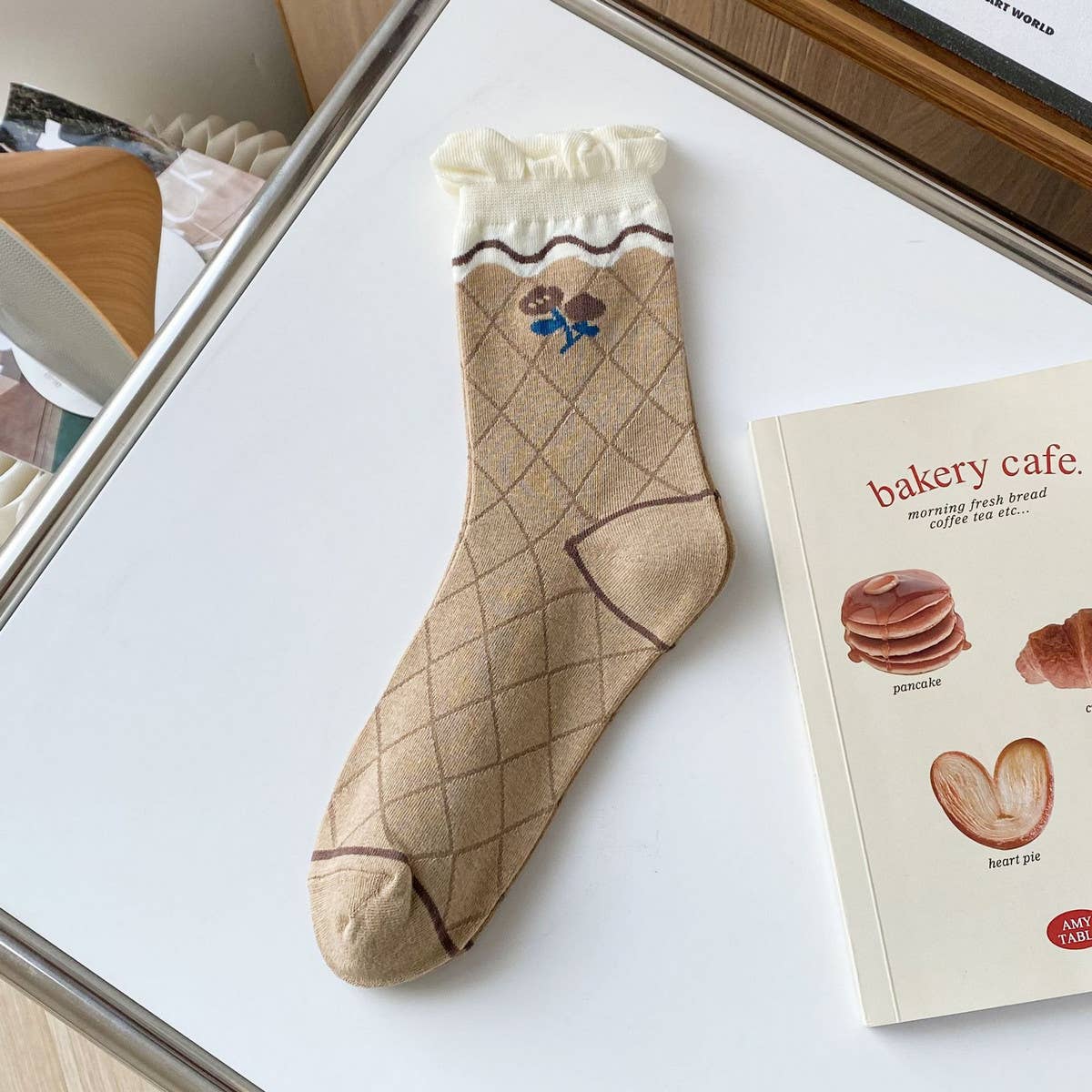 White coffee color Floral Print Crew Socks