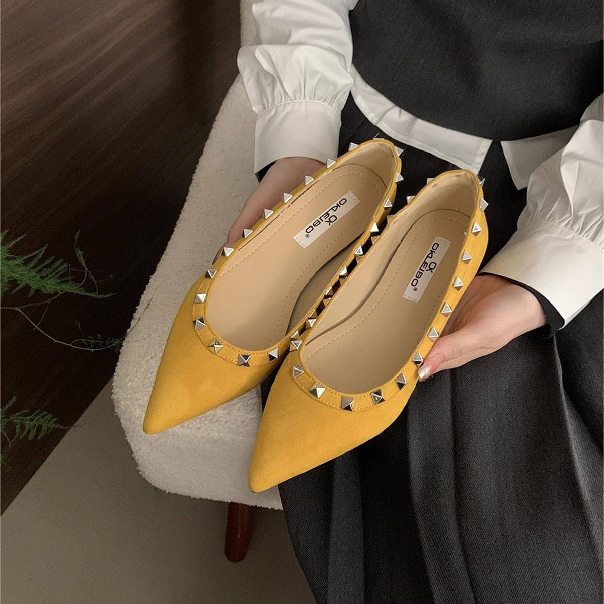 Wedge Pointed Studded Apricot Loafers