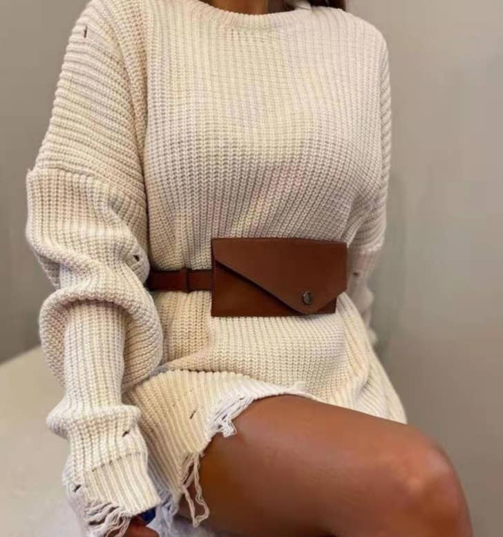 SOLID COLOR RIPPED MID-LENGTH CREW-NECK SWEATER
