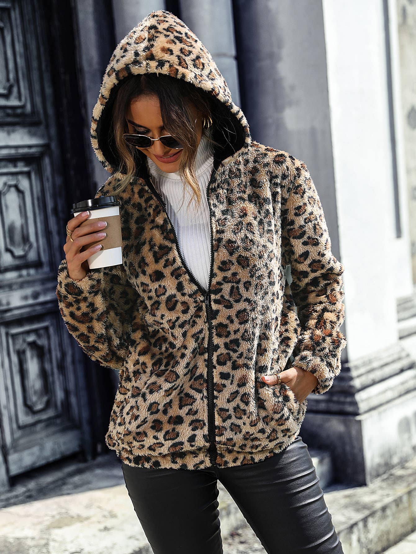 LEOPARD PRINT FLEECE LOOSE CASUAL JACKET