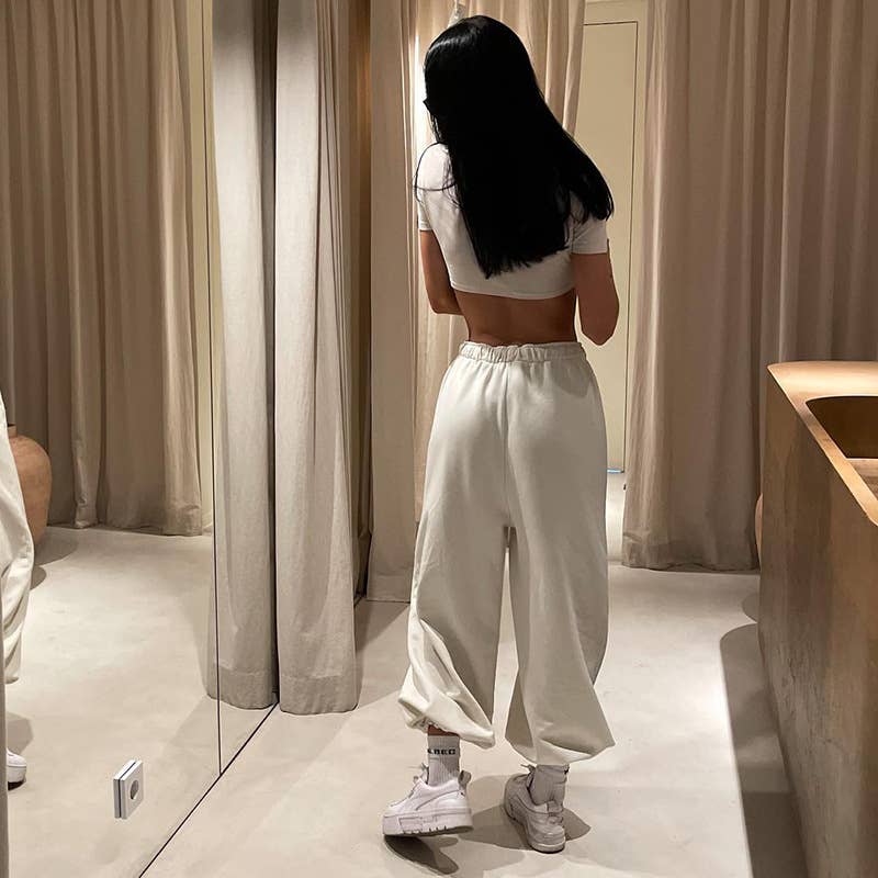 SOLID COLOR LOW-RISE LANTERN WIDE-LEG PANTS