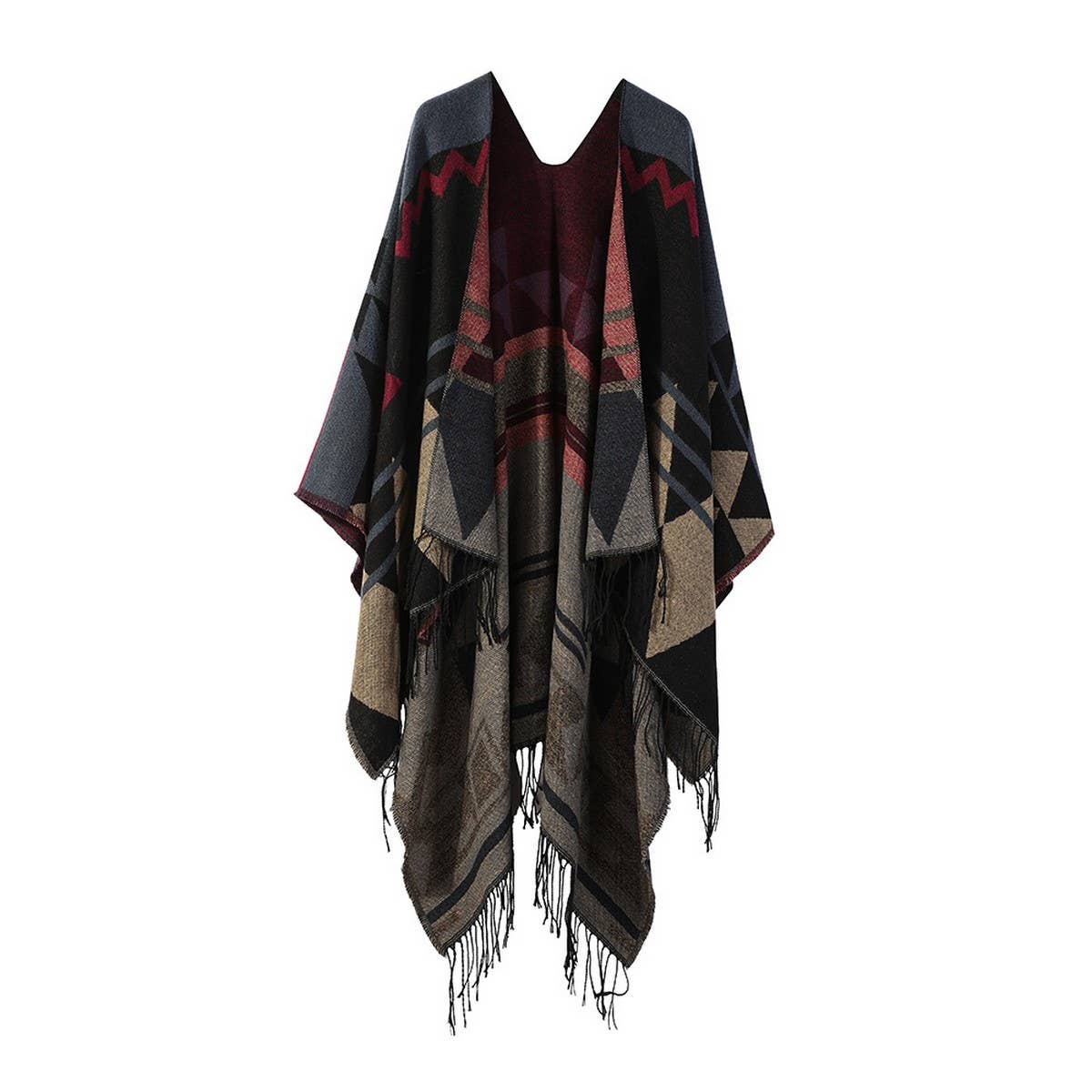 FRINGED GEOMETRIC PATTERN SHAWL SLIT CAPE SCARF