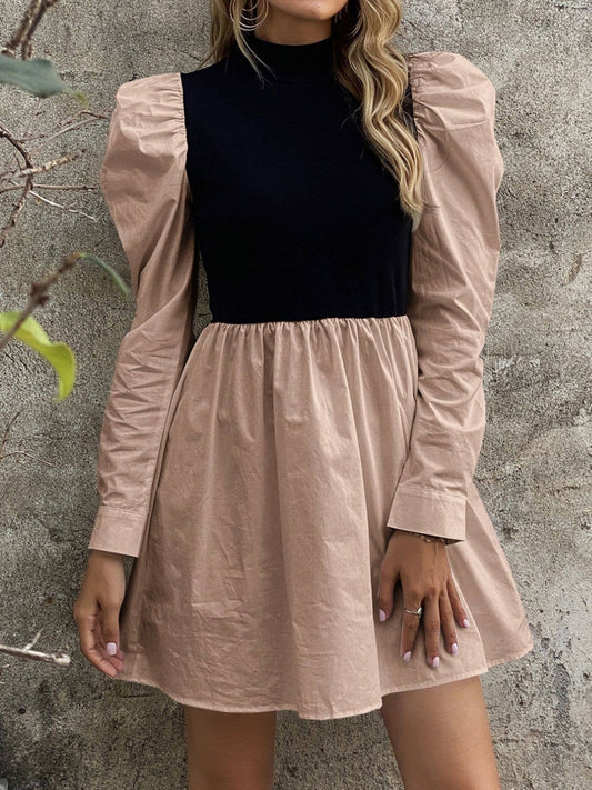 Half High Neck Color Puffy Sleeve Princess Dress