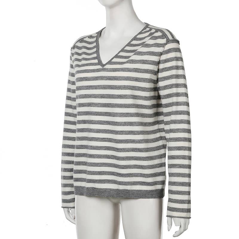 SIMPLE SLOUCHY STRIPED V-NECK SWEATER FOR GIRLS