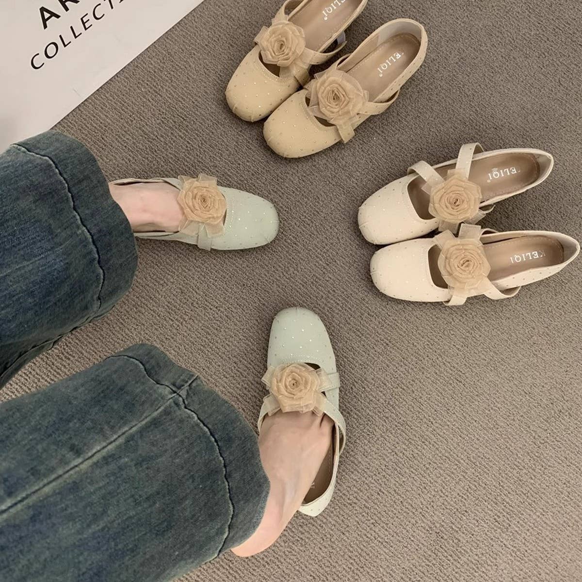 Floral Wedge Round Toe Cross Strap Mary Janes