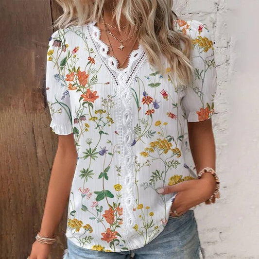 V-NECK LACE PATCHWORK PRINT SHIRT