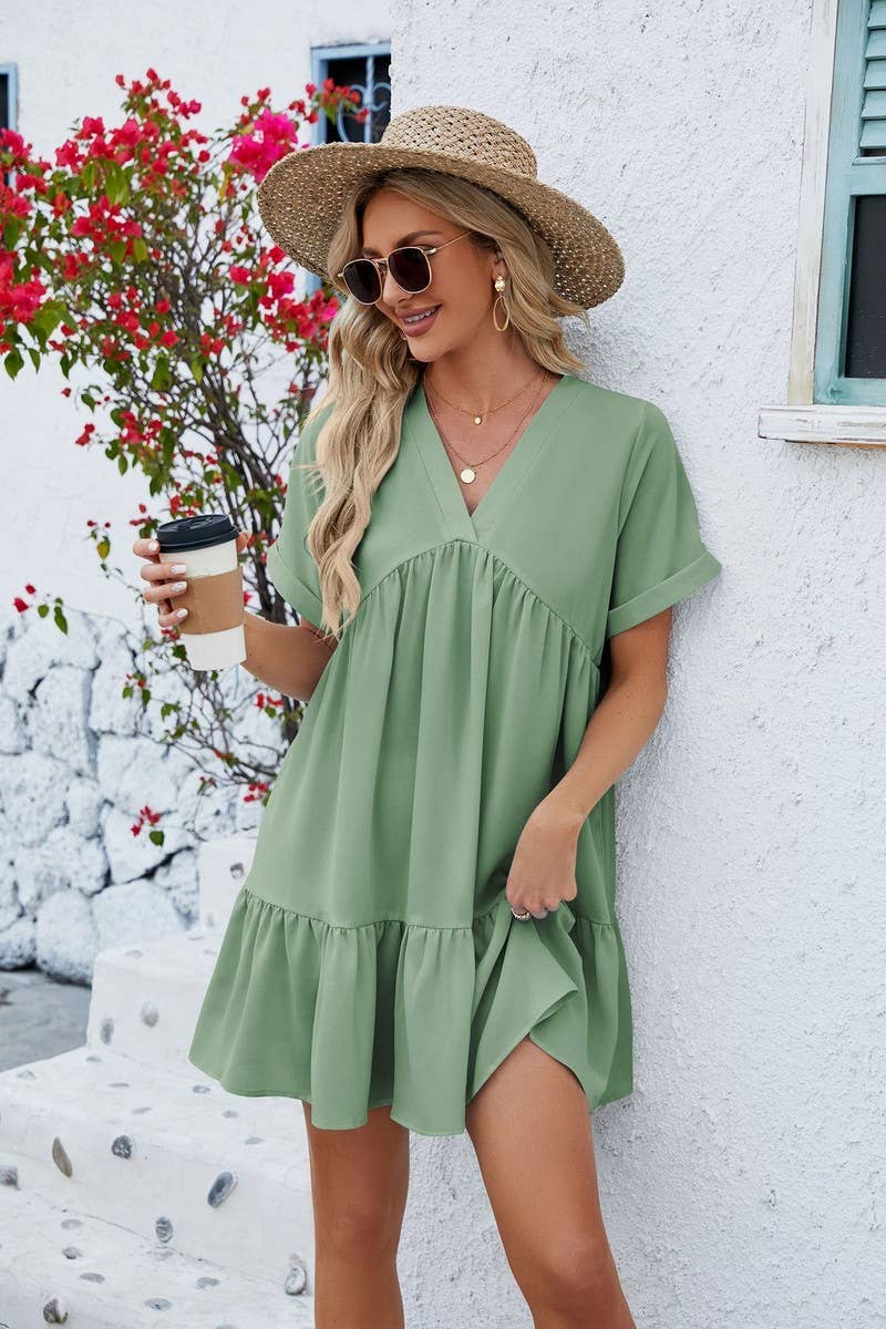 CWDSD3113_V Neck Tiered Short Sleeve Dress