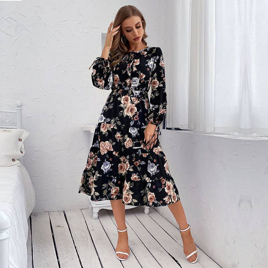 Long-sleeve lace-up print dress