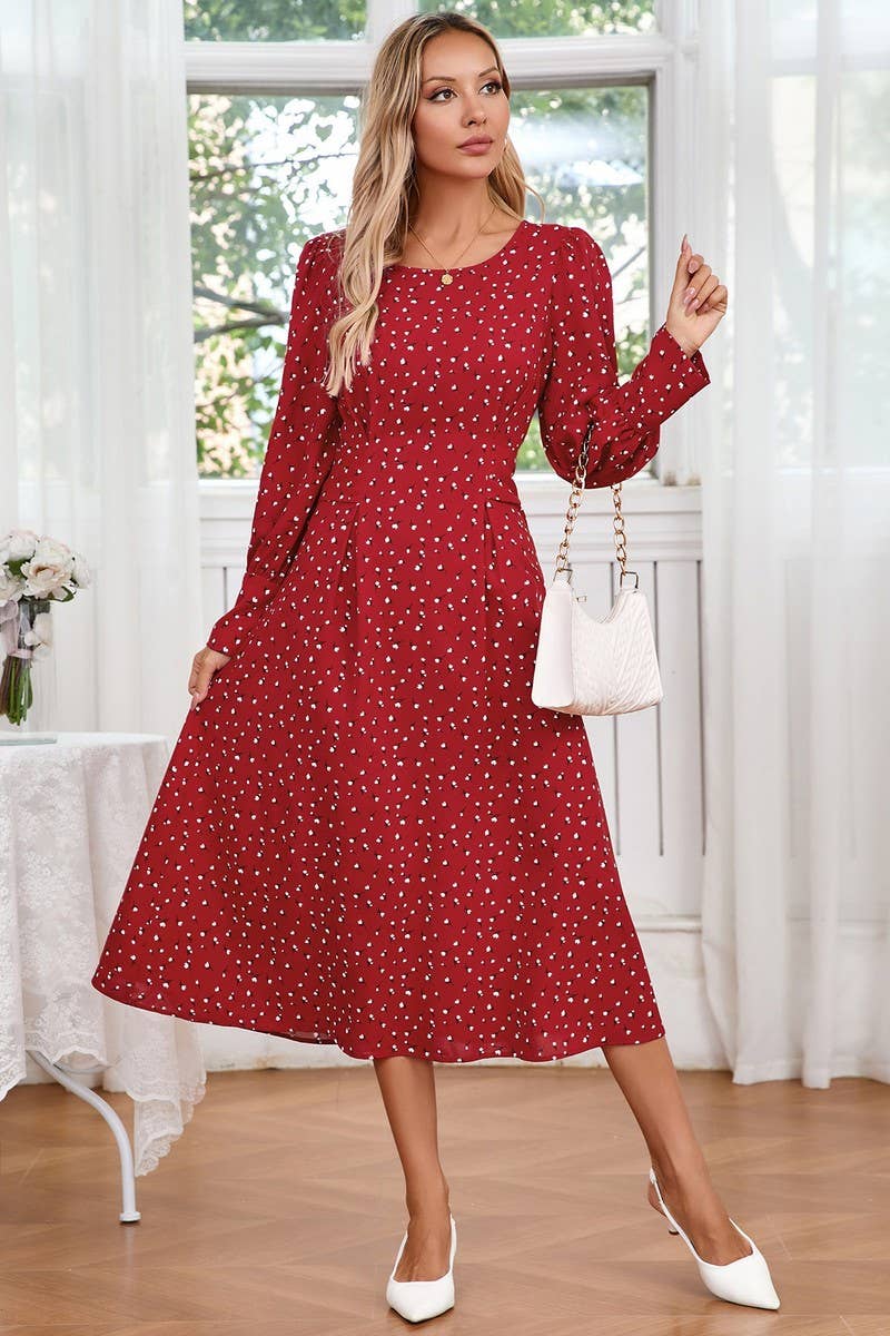 CWDMD3989_SMALL FLORAL ROUND NECK TIE LONG SLEEVE DRESS