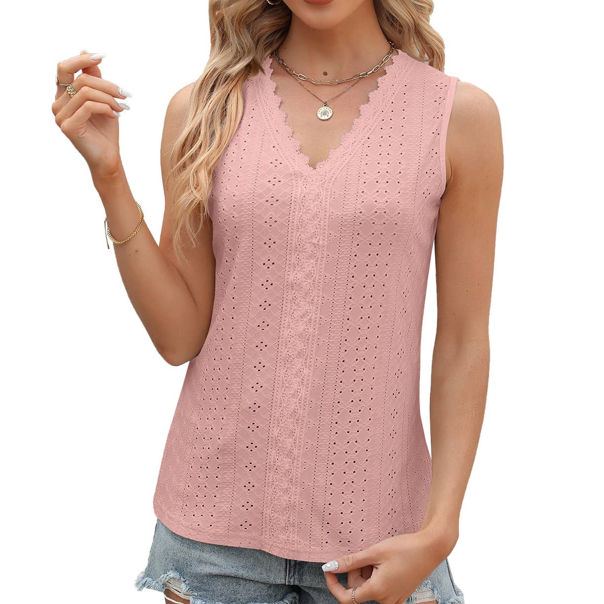V-neck lace sleeveless solid color casual vest