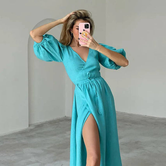 Elegant Solid Puff Sleeve Tie Slit Dress