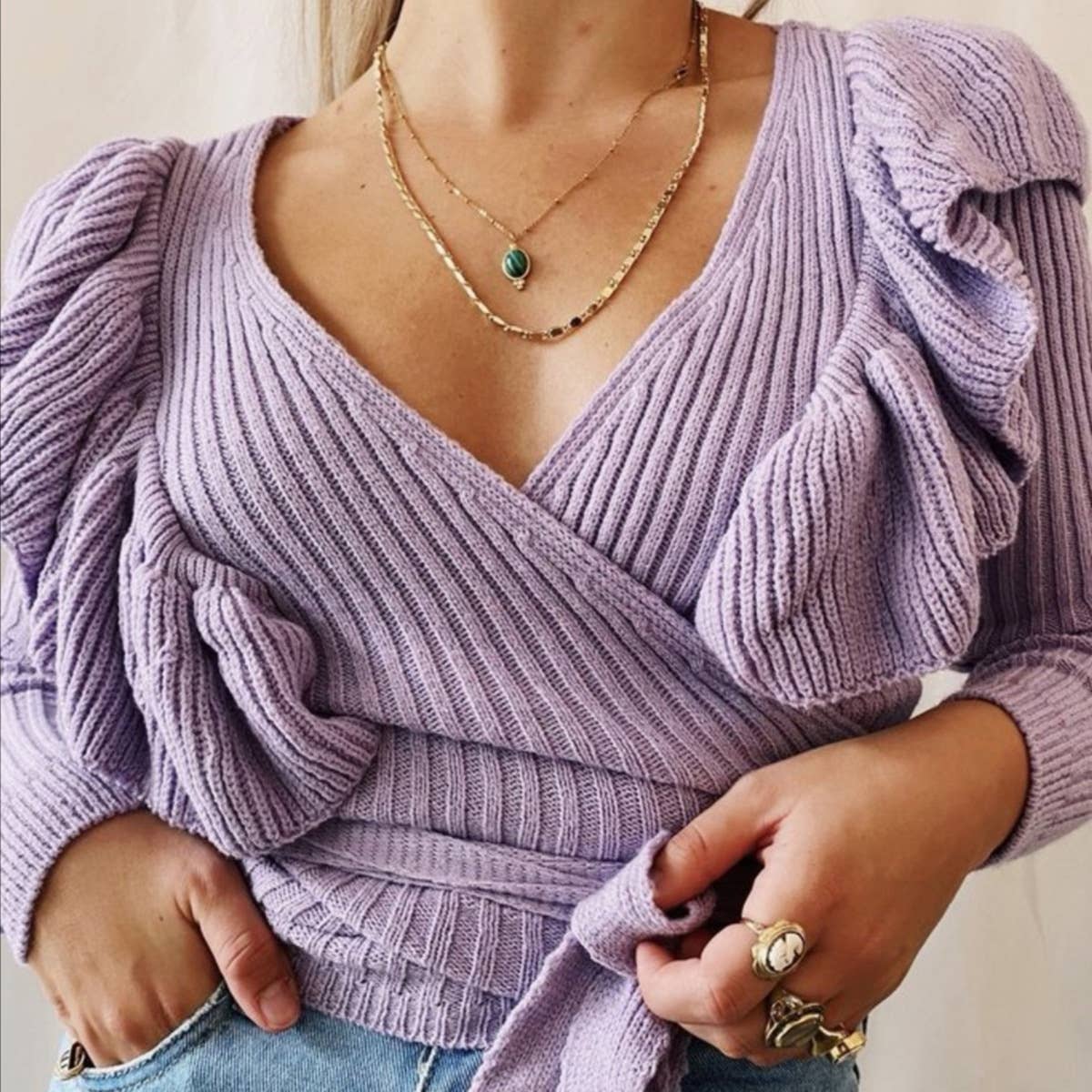 LACE-UP SLIM-FIT SOLID COLOR LONG-SLEEVED SWEATER