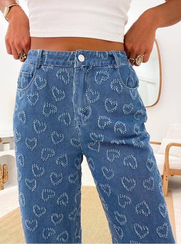 Heart crochet denim relaxed straight pants