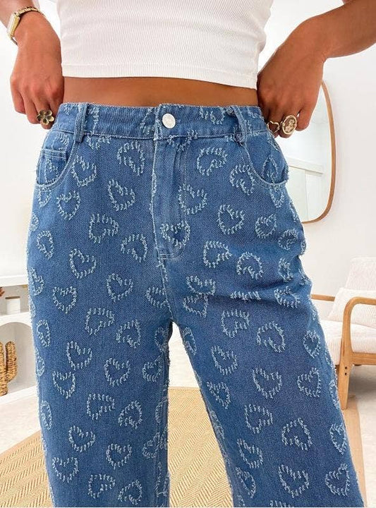Heart crochet denim relaxed straight pants