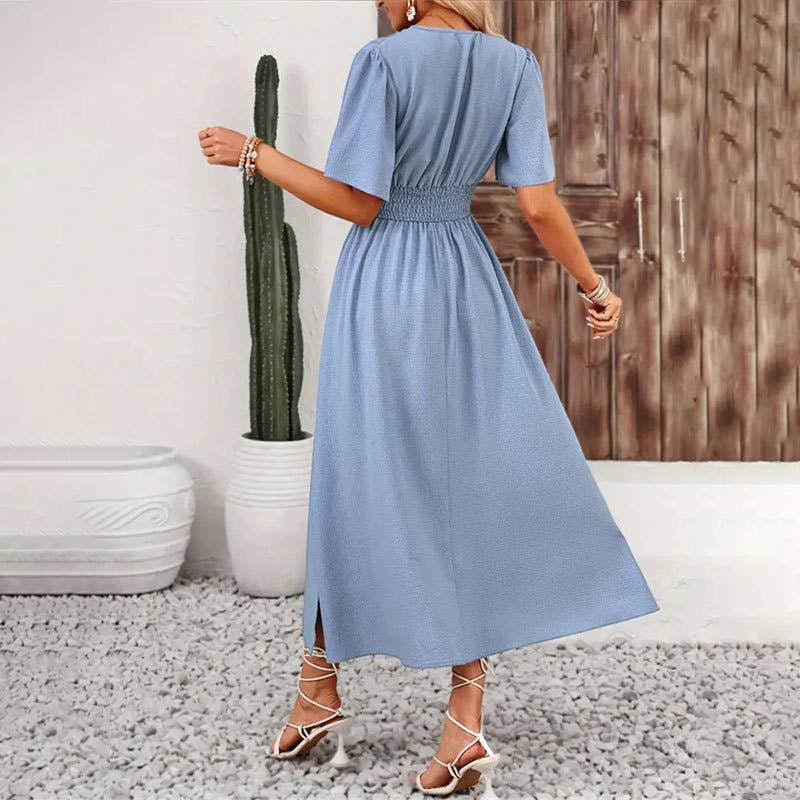 Waist dress with ruffled sleeves high slit