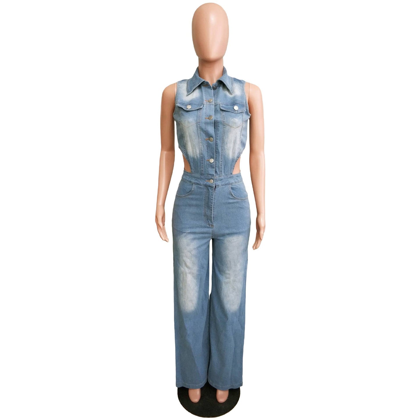 TIGHT WAIST SLIM STRETCH WASH DENIM JUMPSUIT