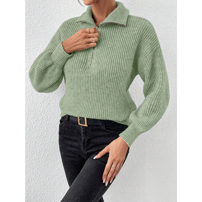 SOLID COLOR LOOSE CASUAL POLO NECK ZIP-UP SWEATER