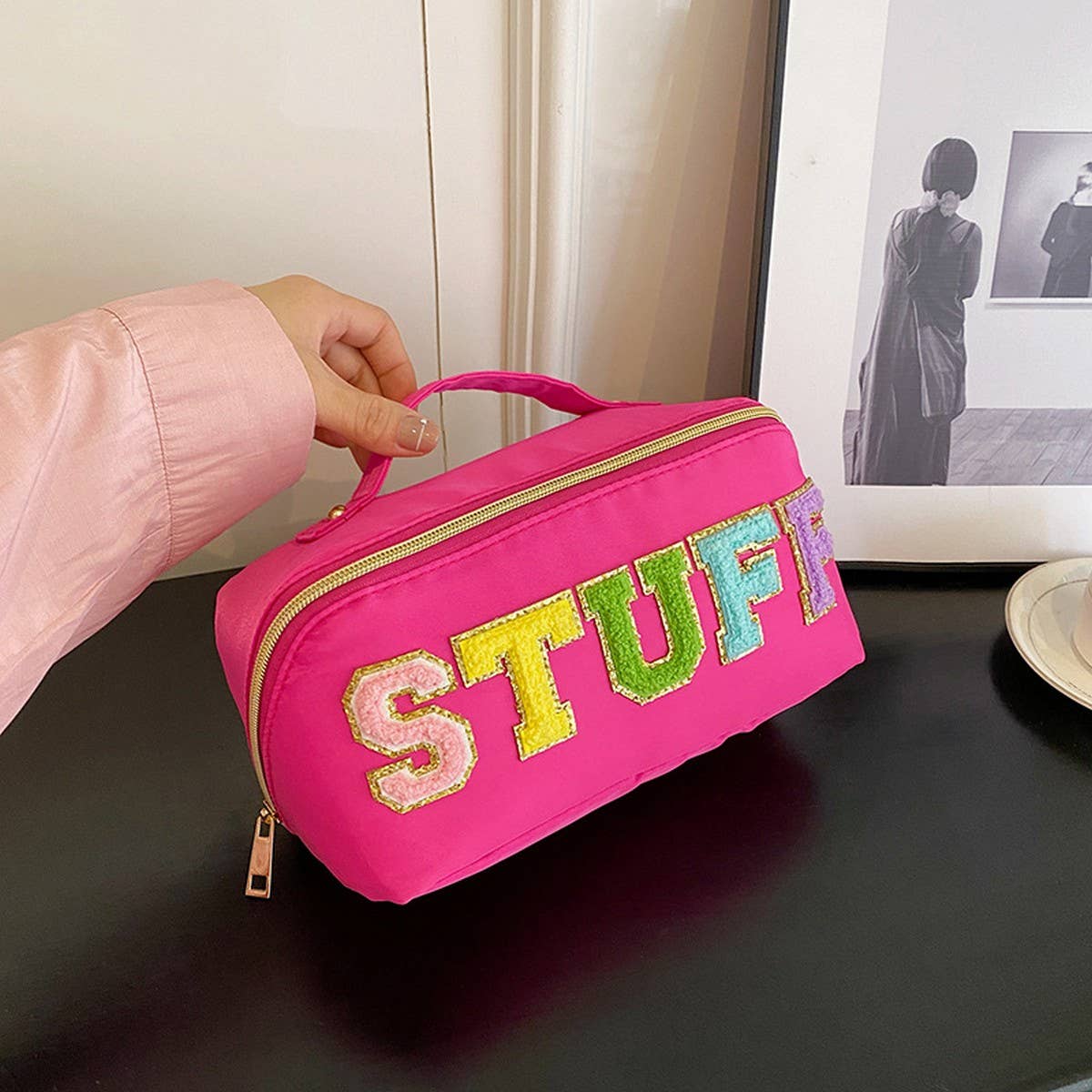 NYLON HAND-HELD FLOCKING LETTER COSMETIC BAG_CWAB4383