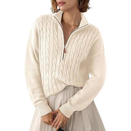 Semi-high neck zipper ribbed twist knit sweater