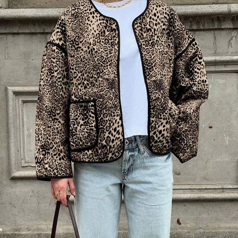 Vintage leopard print crew neck cropped cardigan jacket