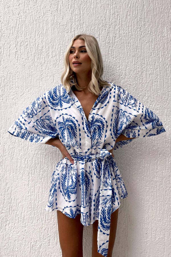 Waist-cinched lace-up V-neck geometric jumpsuit