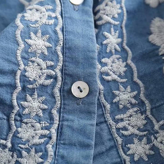 FLORAL EMBROIDERED V-NECK BUTTON SHIRT TOP BLUE