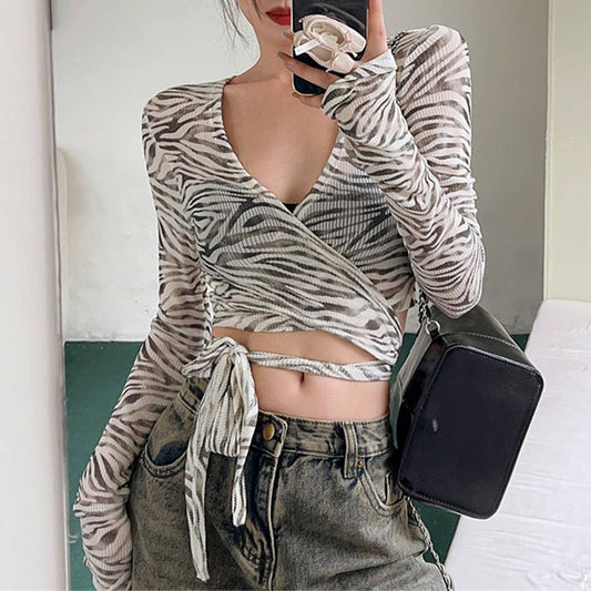 Sexy Zebra Print V-Neck Tie Front Open Cardigan