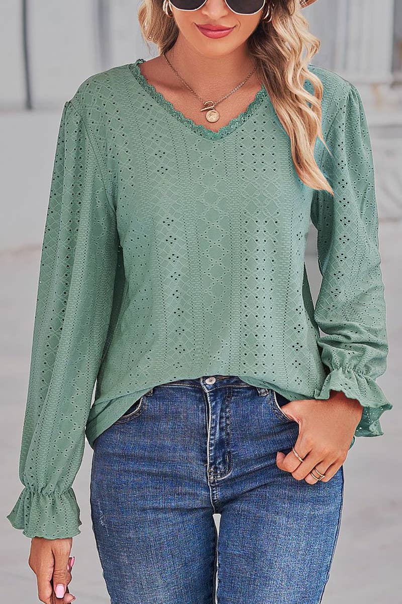 WOMEN LACE TRIM NECK EYELET LONG SLEEVE SHIRT TOP_CWTSTL0301
