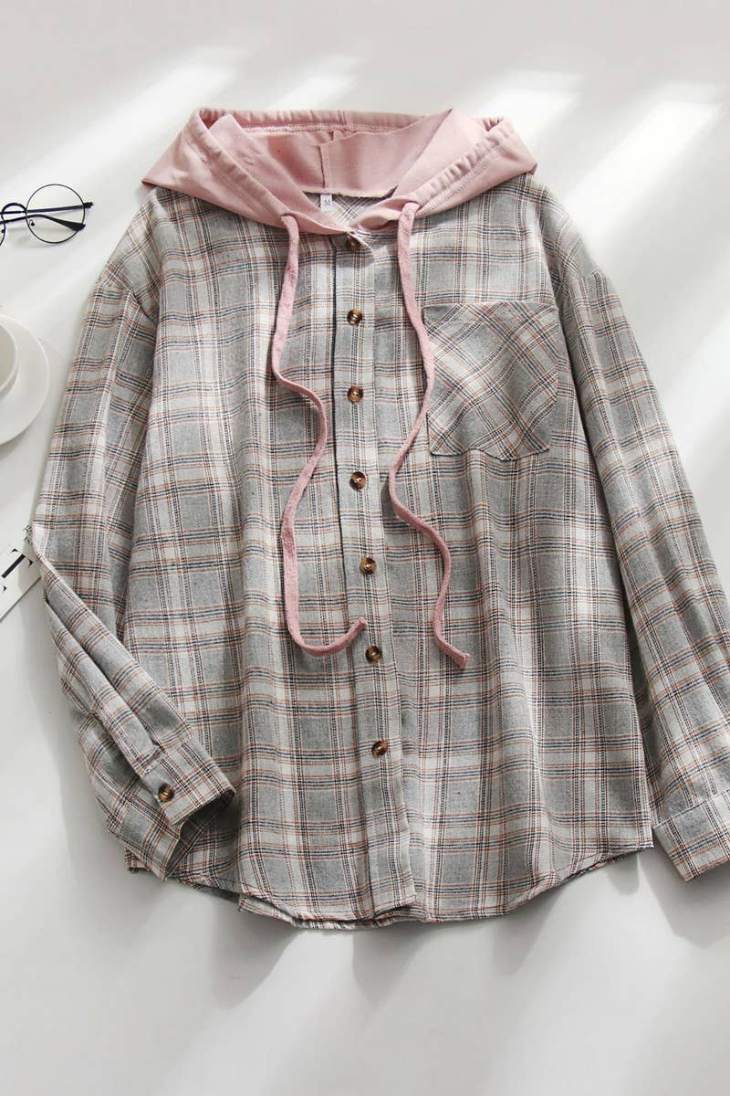 CWOCO1101_CASUAL HOODED COLORBLOCK PLAID SHIRT COAT
