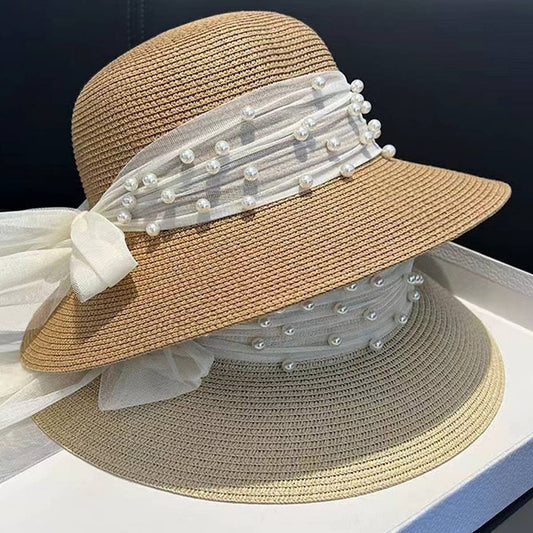 ELEGANT PEARL BOW TIE DECORATED STRAW HAT_CWAH1163