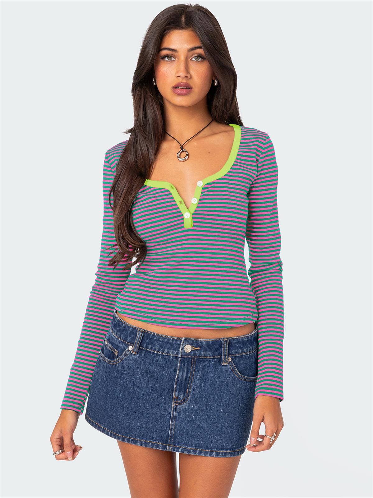 STRIPED COLOR CONTRAST KNIT BUTTON COTTON T-SHIRT